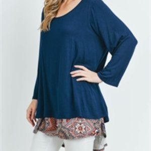 AVENUE Lagan 2XL(22/24) Boho Tribal Print Curve Neck Exposed Zipper Navy Tunic